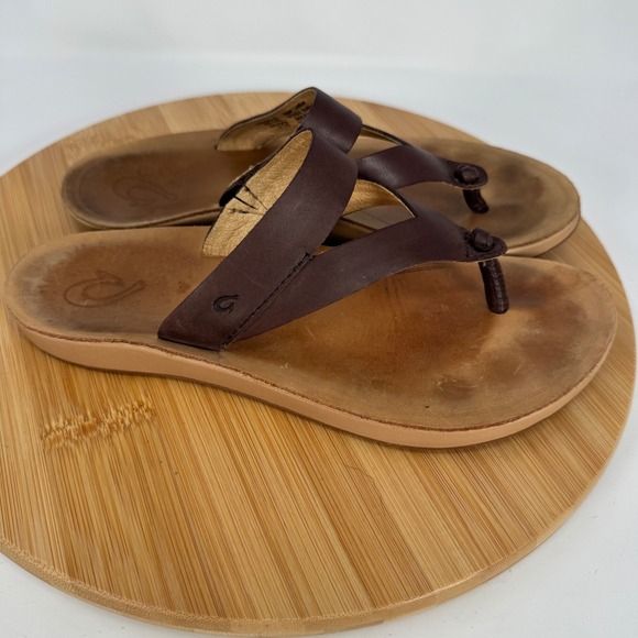 Olukai Kaekae Ko'o Brown Leather Flip Flop Sandals Womens 8 20409-SAGS - Picture 4 of 10